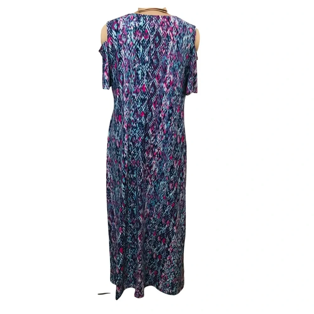 Catherines Maxi Dress Womens 1X‎ Cold Shoulder Twist Front Abstract  Slinky Knit